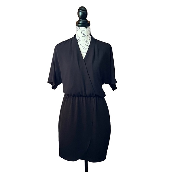 WAYF Black Sutherland Dolman Faux Wrap Blouson Waist Chiffon Mini Dress XS - Picture 2 of 10